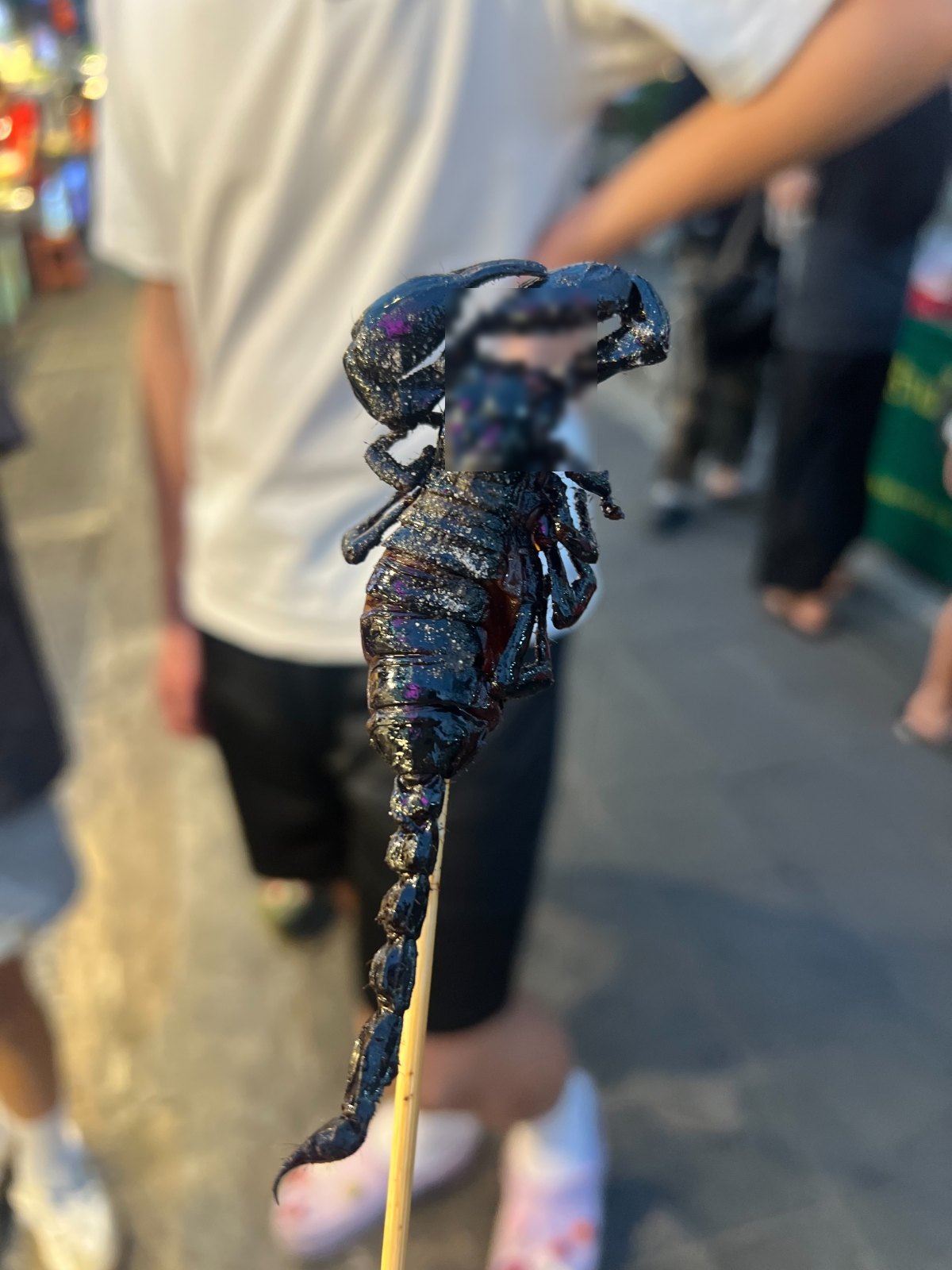串に刺さった素揚げのサソリ