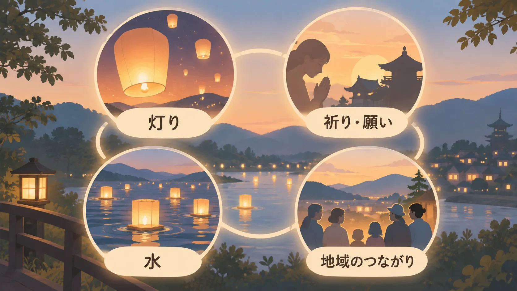 灯り、祈りや願い、水、地域のつながりが祭りの文化的背景として関わることを示した図