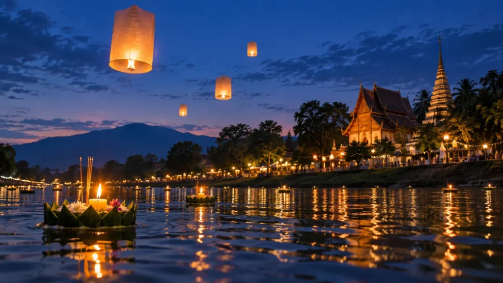夜空に浮かぶコムローイと水面に流すクラトン、寺院の灯りが見えるチェンマイの祭りの情景
