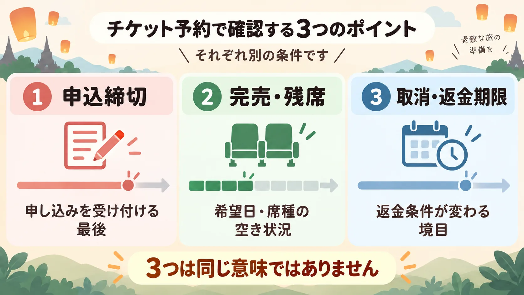 チケット予約で確認する申込締切、完売・残席、取消・返金期限の3つが別の条件であることを示した図