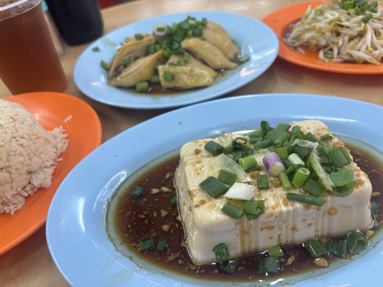 ゆで鶏ともやし、醤油をかけた豆腐と白ごはん